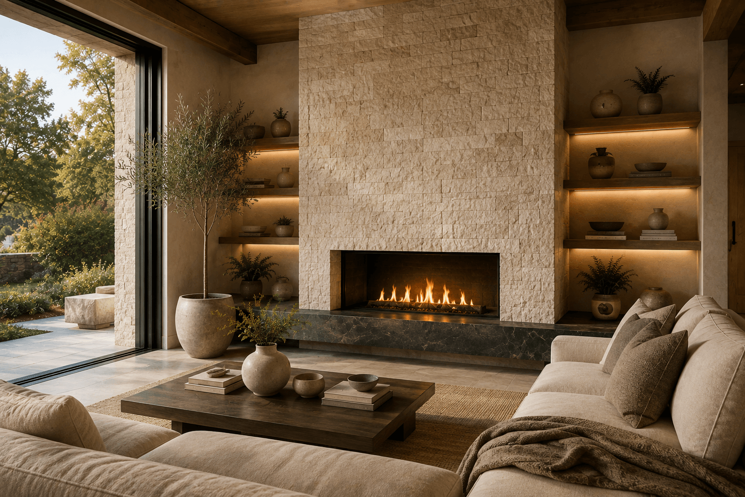 Interior feature wall finished with large-format stone-look surfaces