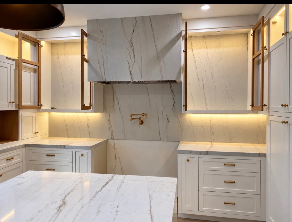 Finished kitchen with full-height stone backsplash and matching counter surfaces