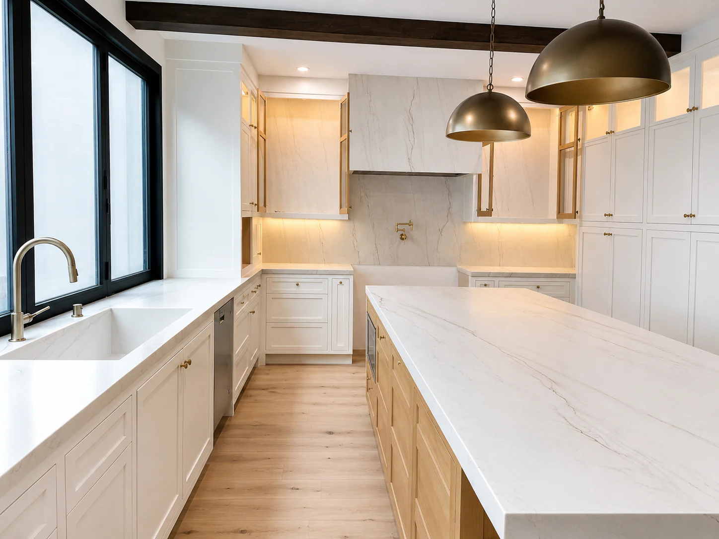 White kitchen with a stone island and full-height stone backsplash